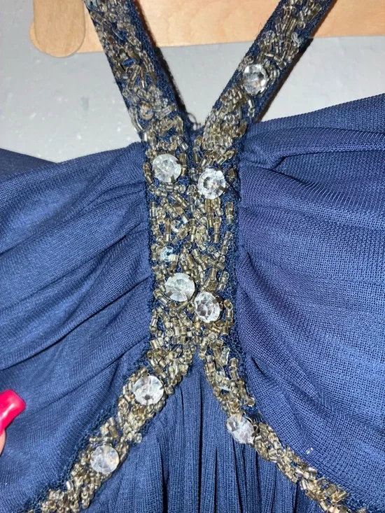 Navy Blue Evening Gown with Beaded Straps - Picture 3 of 6